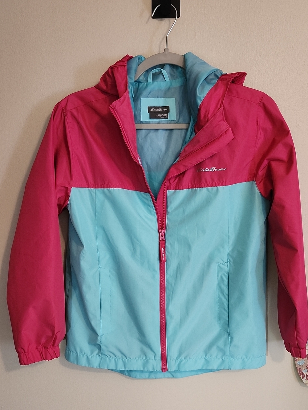 Eddie Bauer KIDS Two-Tone Pink and Aqua Hooded Rain Jacket/Size 10/12